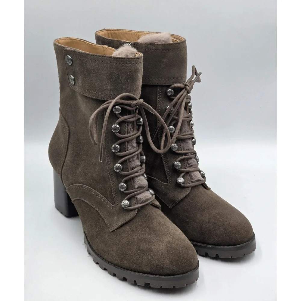 Johnston Murphy Suede Fur Lined Lace Up Block Heel Ankle Boots Women's 8.5M
